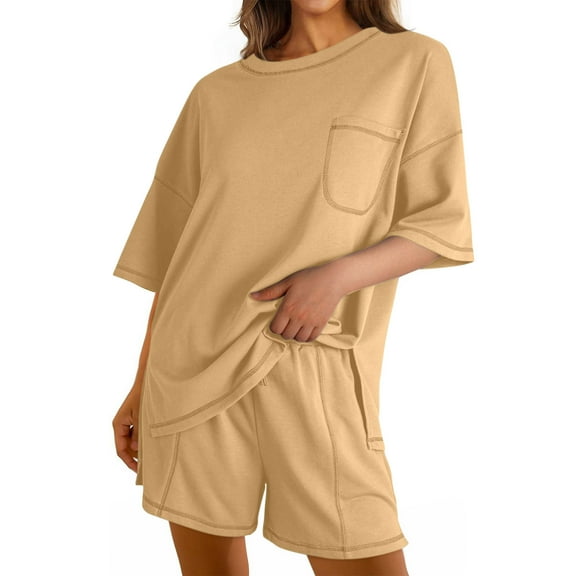 Atogsazn Women's Oversized 2 Piece Set Casual Loose Lightweight Pullover Tshirt Shorts Outfits Beach Sets Fashion 02-Beige S