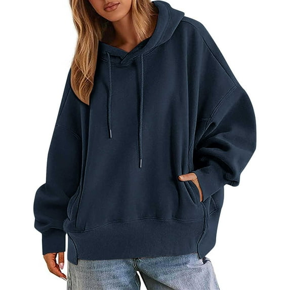 Atogsazn Women's Oversized Hoodies Casual Long Sleeve Pullover Sweatshirt with Drawstring Loose Fit Tops Trendy Navy XXL Fashion