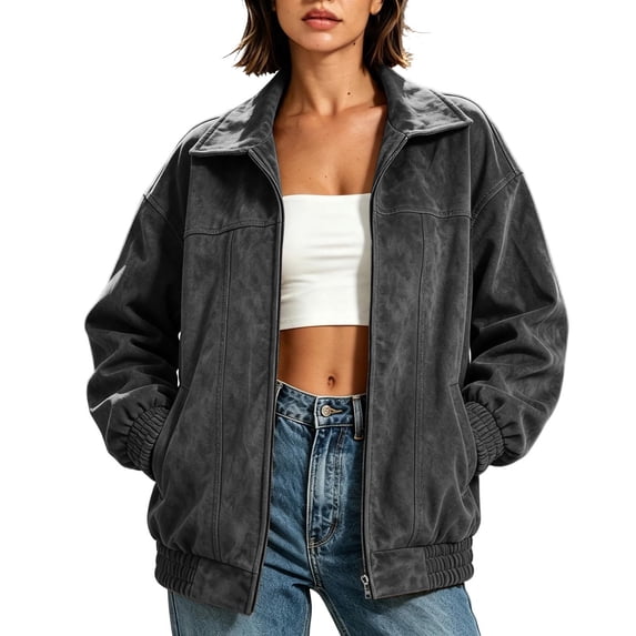 Atogsazn Women's Oversized Lapel Full Zip Suede Look Jacket Casual Long Sleeve Coat Fall Winter Tops Outerwear Gray L Fashion