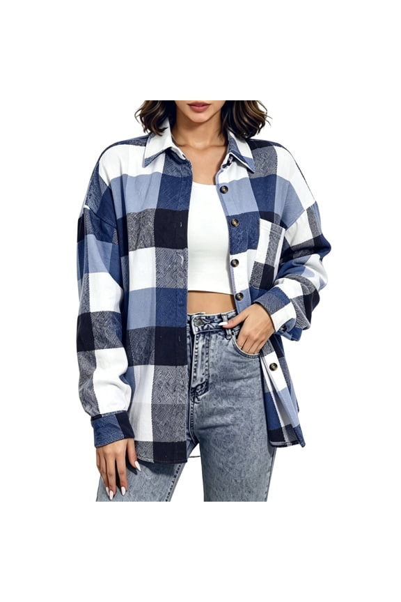 Women's Oversized Plaid Shirts Casual Button Dressy Long Sleeve Shirt Loose Shacket Top with Pocket Blue XXXL Fashion