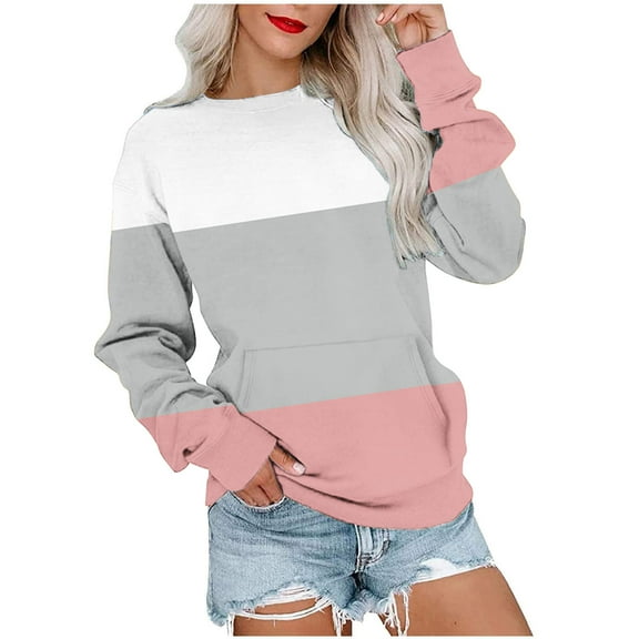 Atogsazn Women's Oversized Sweatshirt Casual Color Block Crewneck Long Sleeve Tops Fashion Comfort Clothes 07-Pink XL