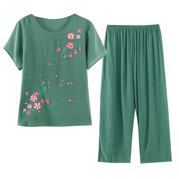 Atogsazn Women's Pajama Set Soft Short Sleeve Top With Capri Pants Loungewear Sleepwear Pajamas with Pockets E-Green XXL