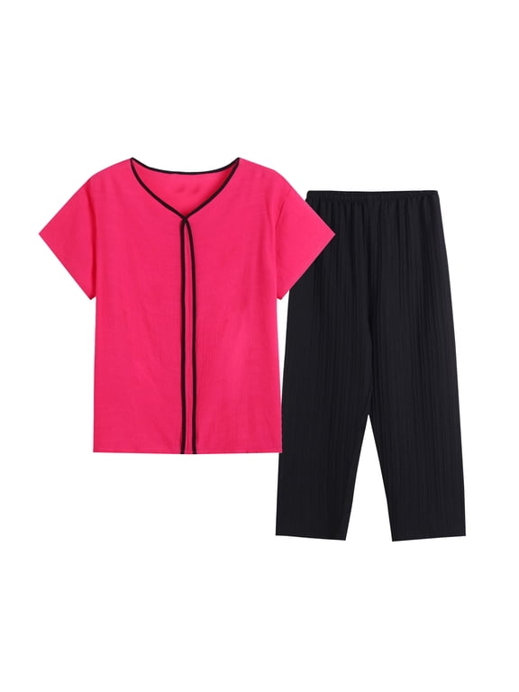 Women's Pajama Set Soft Short Sleeve Top and Capri Pants Loungewear Sleepwear 2 Piece Pj Set Hot Pink XXXL