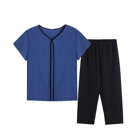 Atogsazn Women's Pajama Set Soft Short Sleeve Top and Capri Pants Loungewear Sleepwear 2 Piece Pj Set Navy XXXXL