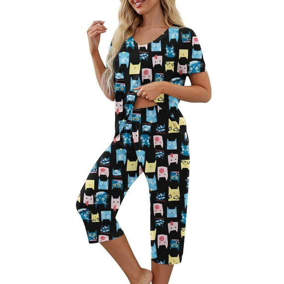 Atogsazn Women's Pajamas Sets Short Sleeve Sleepwear Tops Elastic Waist Capri Pants Summer Casual Comfy Lounge Sets with Pockets A-Black XL