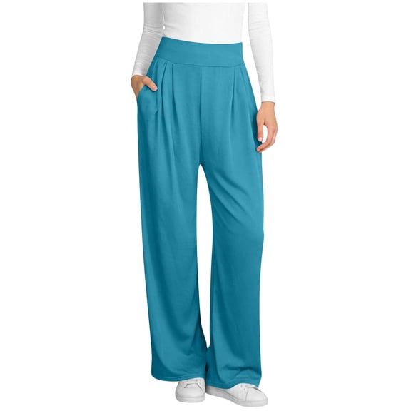 Atogsazn Women's Palazzo Wide Leg Pant Casual High Waist Lightweght Sweatpant Baggy Outfit Trouser with Pocket Light Blue S Fashion