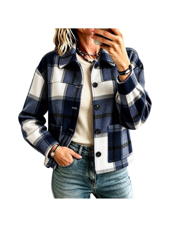 Women's Plaid Button Cropped Jacket Casual Long Sleeve Shacket Shirt Bussiness Tops Outerwear Navy S Fashion