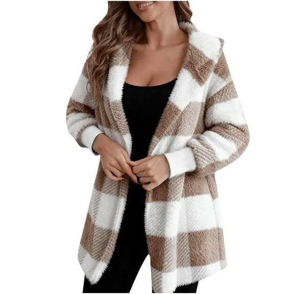 Atogsazn Women's Plaid Fuzzy Fleece Hodded Jacket Casual Color Block Long Sleeve Coat Winter Warm Cardigan Outerwear Khaki XXXXL Fashion