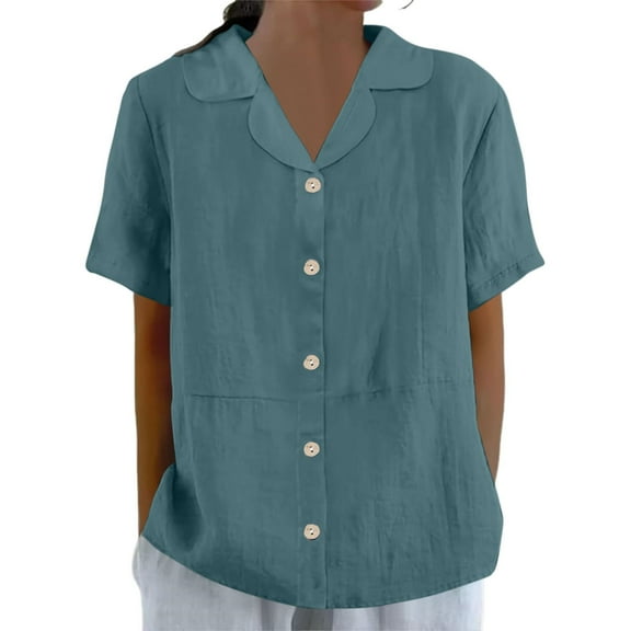 Atogsazn Women's Plus Size Shirts Casual Button Down Shirt V Lace Neck Tops Loose Outfit Blouse Clothes Blue L