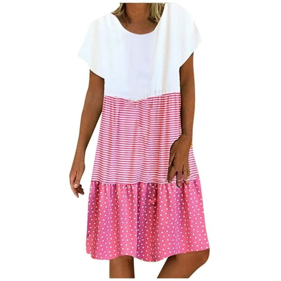 Atogsazn Women's Plus Size Summer Dresses Casual Loose Stripe Patchwork Round Neck Short Sleeves Dress Beach Daliy Party Sun Dress Pink XXXL on Clearance