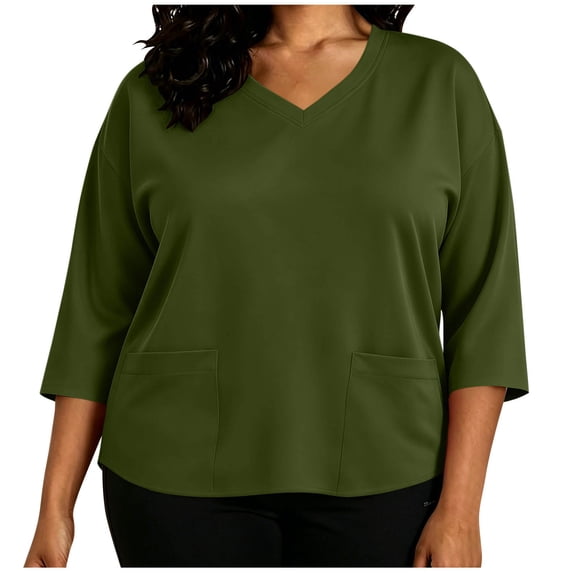 Atogsazn Women's Plus Size V Neck Scrub Top Casual 3/4 Sleeve Loose Fit Blouse Work T-shirt Clothes Army Green XL Fashion
