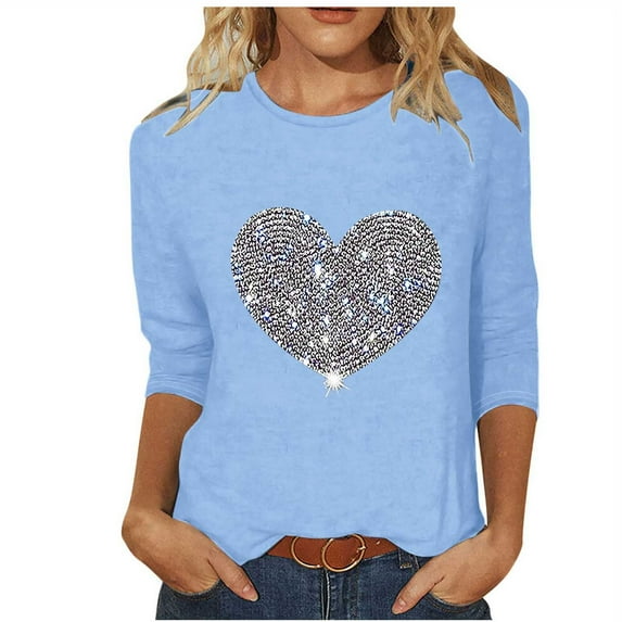 Atogsazn Women's Printed T-Shirt Casual Plus Size Solid Round Neck Blouse Tops Summer Tops for Women 2025 Light Blue M