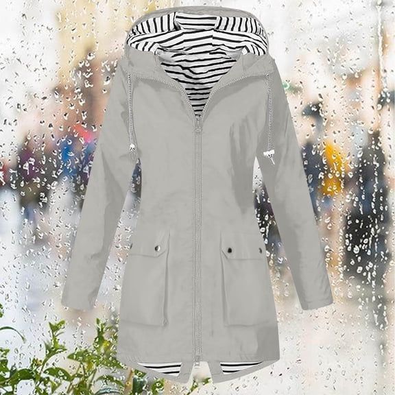 Atogsazn Women's Rain Jackets Casual Zip Up Windbreaker Long Sleeve Hooded Jacket Lightweight Raincoat Fashion Outerwear 01-Gray XXL
