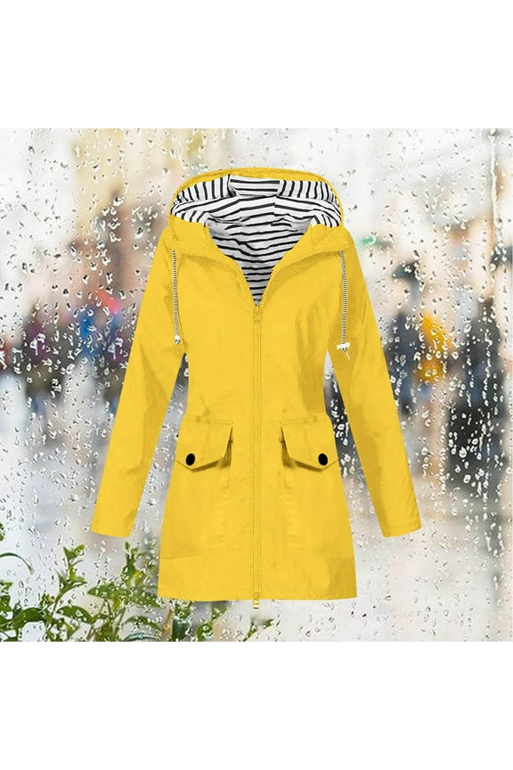 Women's Rain Jackets Casual Zip Up Windbreaker Long Sleeve Hooded Jacket Lightweight Raincoat Fashion Outerwear 02-Yellow S