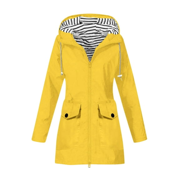 Atogsazn Women's Rain Jackets Casual Zip Up Windbreaker Long Sleeve Hooded Jacket Lightweight Raincoat Fashion Outerwear 02-Yellow XXL