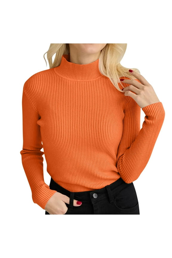 Women's Ribbed Turtleneck Long Sleeve Sweater Loose Fall Tops Pullover Soft Comfortable Blouses Clothes Orange Free Size