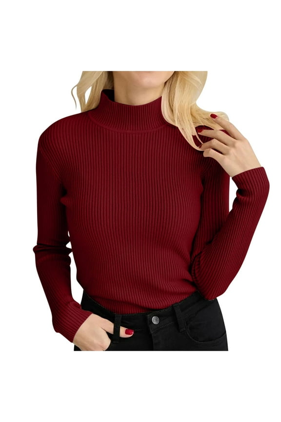 Women's Ribbed Turtleneck Long Sleeve Sweater Loose Fall Tops Pullover Soft Comfortable Blouses Clothes Wine Free Size