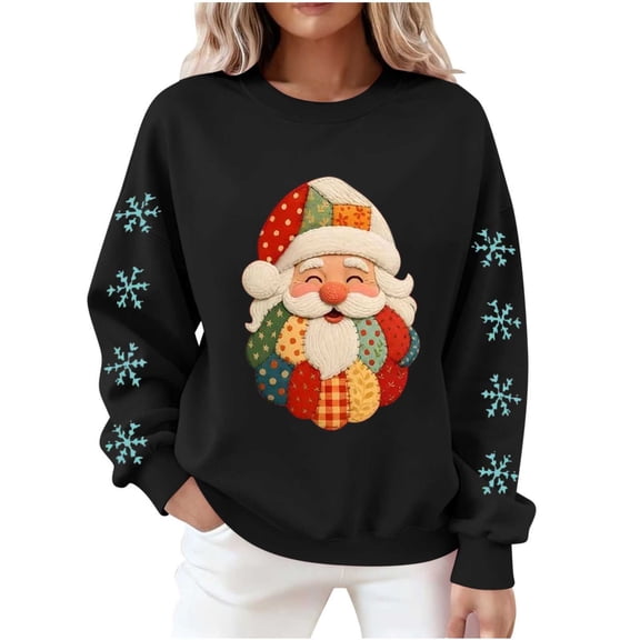 Atogsazn Women's Santa Christmas Sweatshirt Oversized Fleece Long Sleeve Pullover Sweater Fall Clothing Tops 02-Black S Fashion