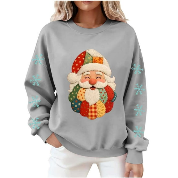 Atogsazn Women's Santa Christmas Sweatshirt Oversized Fleece Long Sleeve Pullover Sweater Fall Clothing Tops 02-Gray S Fashion