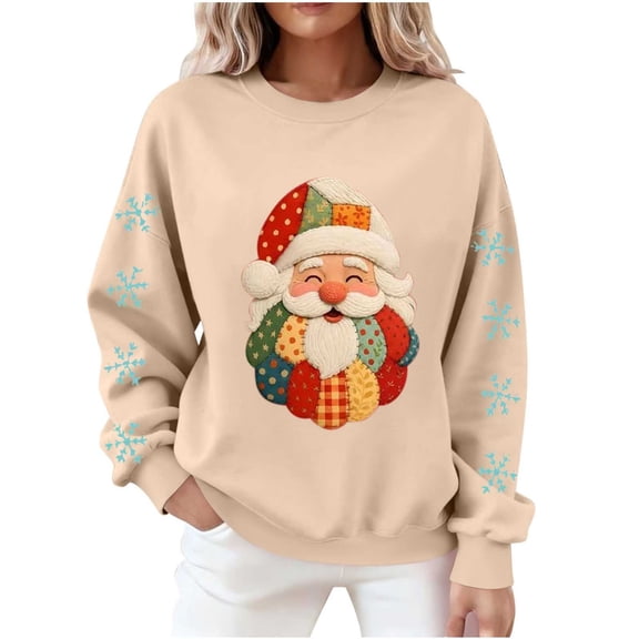 Atogsazn Women's Santa Christmas Sweatshirt Oversized Fleece Long Sleeve Pullover Sweater Fall Clothing Tops 02-Khaki S Fashion