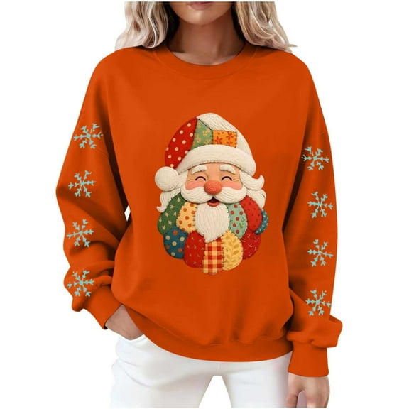 Atogsazn Women's Santa Christmas Sweatshirt Oversized Fleece Long Sleeve Pullover Sweater Fall Clothing Tops 02-Orange XS Fashion