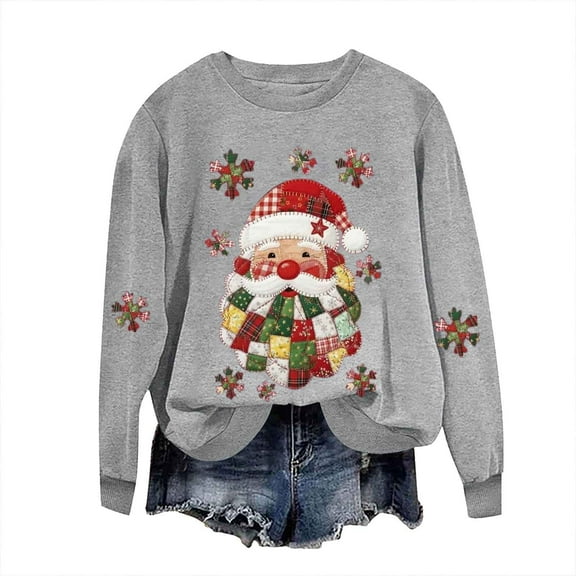 Atogsazn Women's Santa Christmas Sweatshirt Oversized Fleece Long Sleeve Pullover Sweater Fall Clothing Tops 03-Gray S Fashion