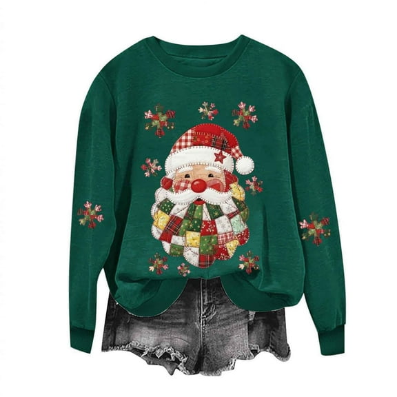 Atogsazn Women's Santa Christmas Sweatshirt Oversized Fleece Long Sleeve Pullover Sweater Fall Clothing Tops 03-Green S Fashion