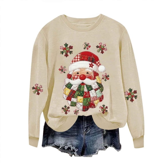 Atogsazn Women's Santa Christmas Sweatshirt Oversized Fleece Long Sleeve Pullover Sweater Fall Clothing Tops 03-Khaki XS Fashion