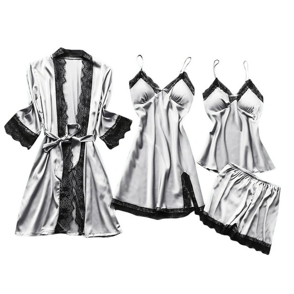 Atogsazn Women's Satin Pajama Set 4Pcs Lingerie Set Silk Sleeveless Cami Tops Shorts Nightdress Sleepwear with Long Sleeve Lace Robe Gray L on Clearance