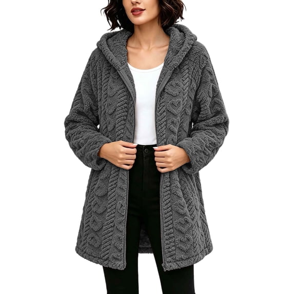Atogsazn Women's Sherpa Full Zip Jacket Casual Fleece Long Sleeve Hooded Coat Winter Warm Jacquard Tops Dark Gray XXL Fashion