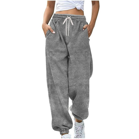 Atogsazn Women's Sherpa Sweatpant Fleece Thick Warm Winter Pants Elastic Waist Trouser with Pocket Outfit Dark Gray M Fashion
