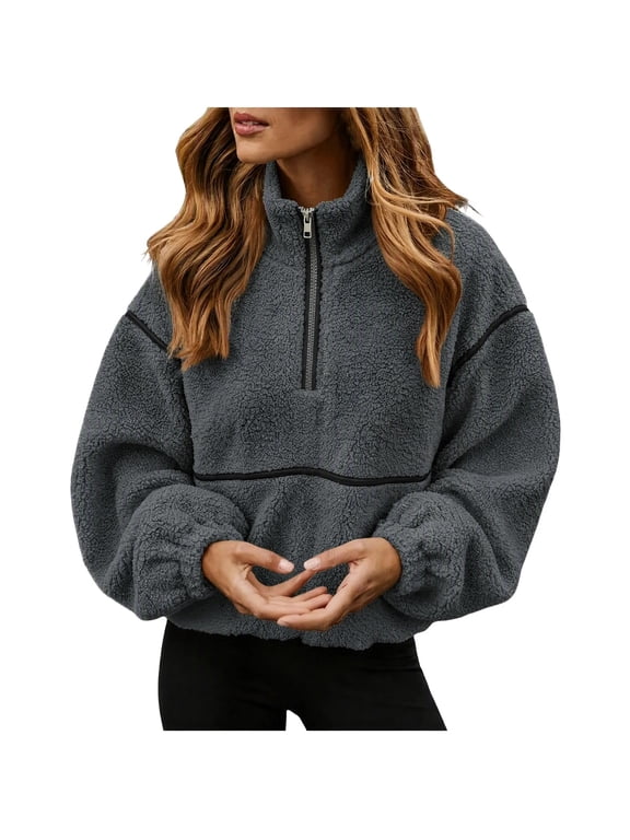 Women's Sherpa Sweatshirt Casual Half Zip Long Sleeve Pullover Sweater Winter Warm Loose Tops Outerwear Dark Gray L Fashion