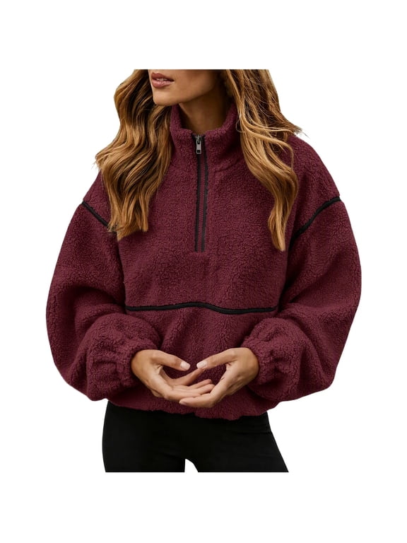 Women's Sherpa Sweatshirt Casual Half Zip Long Sleeve Pullover Sweater Winter Warm Loose Tops Outerwear Wine XXL Fashion