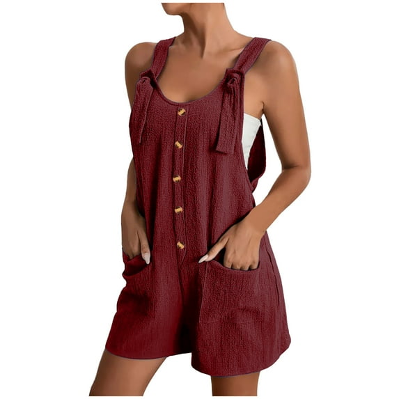 Atogsazn Women's Short Overalls Casual Summer Comfy Jumpsuits Button Loose Bib Rompers Trendy Outfits with Pockets Wine M