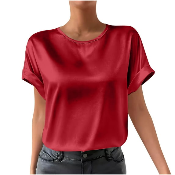 Atogsazn Women's Short Sleeve Blouse Casual Satin Silk Shirt Pullover Loose Fit Tunic Tops Outfit Summer Wine XXL Fashion