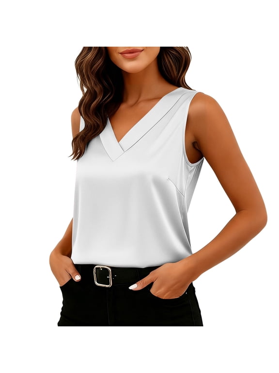 Women's Silk Satin Tank Tops Casual V Neck Sleeveless Bussiness Work Blouse Summer Shirt Vest Tops White XXL Fashion