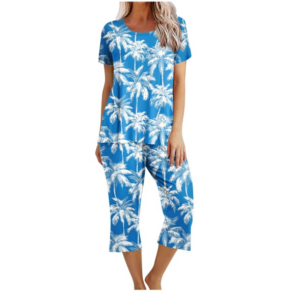 Atogsazn Women's Sleepwear Capri Pajama Sets Short Sleeve Two Piece Pjs Crew Neck Tops & Capri Pants with Pockets Blue XL