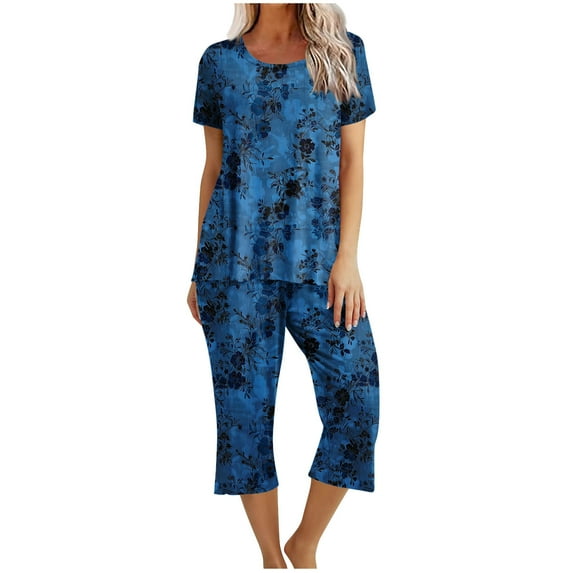 Atogsazn Women's Sleepwear Capri Pajama Sets Short Sleeve Two Piece Pjs Crew Neck Tops & Capri Pants with Pockets Navy L