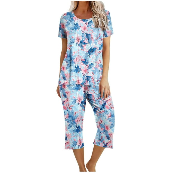 Atogsazn Women's Sleepwear Capri Pajama Sets Short Sleeve Two Piece Pjs Crew Neck Tops & Capri Pants with Pockets Sky Blue S
