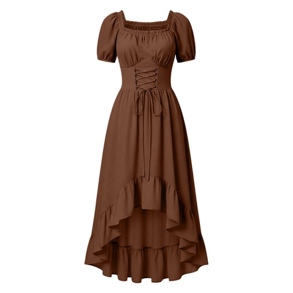 Atogsazn Women's Square Neck Midi Dress Casual Puff Sleeve Lace-Up Waist High Low Ruffle Hem Dresses Coffee XXL Fashion
