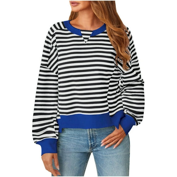 Atogsazn Women's Striped Color Block Cropped Sweatshirts Oversized Crewneck Long Sleeve Sweater Fashion Clothes Sky Blue M