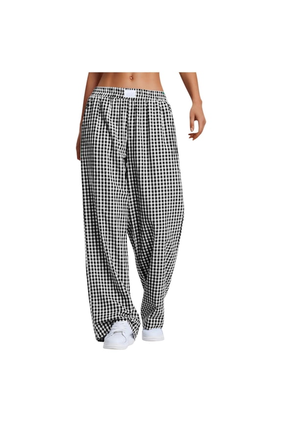 Women's Striped Plaid Pants Cotton Pajama Lounge Pjs Casual Plaid Trousers Beach Bottoms with Pockets Black M