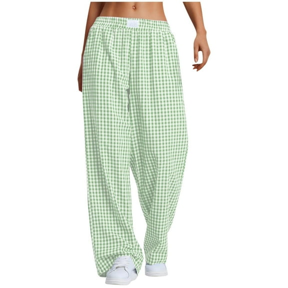 Atogsazn Women's Striped Plaid Pants Cotton Pajama Lounge Pjs Casual Plaid Trousers Beach Bottoms with Pockets Green M