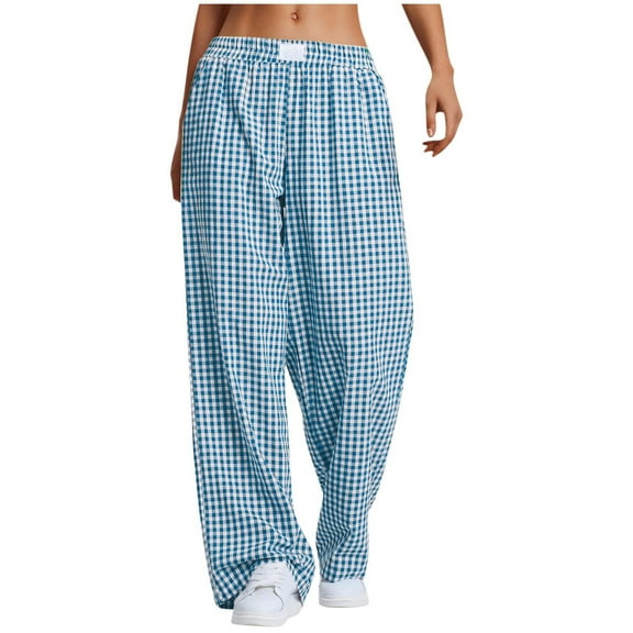 Atogsazn Women's Striped Plaid Pants Cotton Pajama Lounge Pjs Casual Plaid Trousers Beach Bottoms with Pockets Light Blue XXL