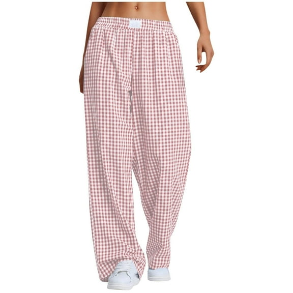 Atogsazn Women's Striped Plaid Pants Cotton Pajama Lounge Pjs Casual Plaid Trousers Beach Bottoms with Pockets Pink M