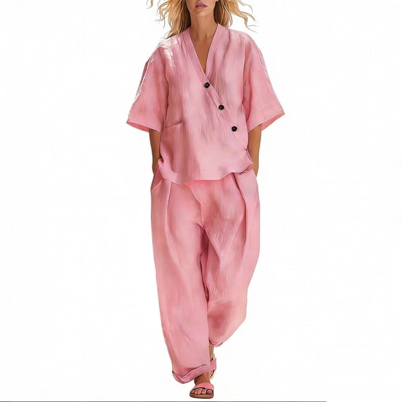Atogsazn Women's Summer 2 Piece Outfits Cotton Linen V Neck Two Piece Set Loose Fit Outfit Wide Leg Pants Pink Fashion