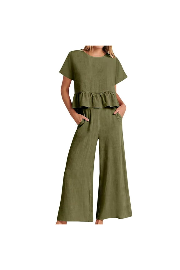 Women's Summer 2 Piece Outfits Short Sleeve Round Neck Crop Basic Top Cropped Wide Leg Pants Matching Set Tracksuit Army Green XXL