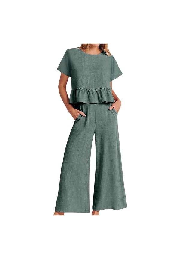 Women's Summer 2 Piece Outfits Short Sleeve Round Neck Crop Basic Top Cropped Wide Leg Pants Matching Set Tracksuit Green S