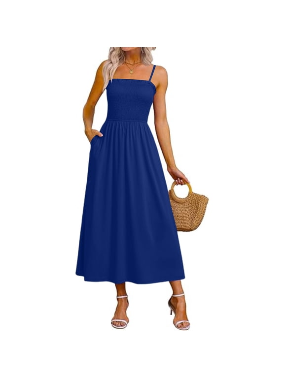 Women's Summer A-Line Midi Dress Smocked Spaghetti Strap Elastic Waist Dresses Sundress Blue L Fashion