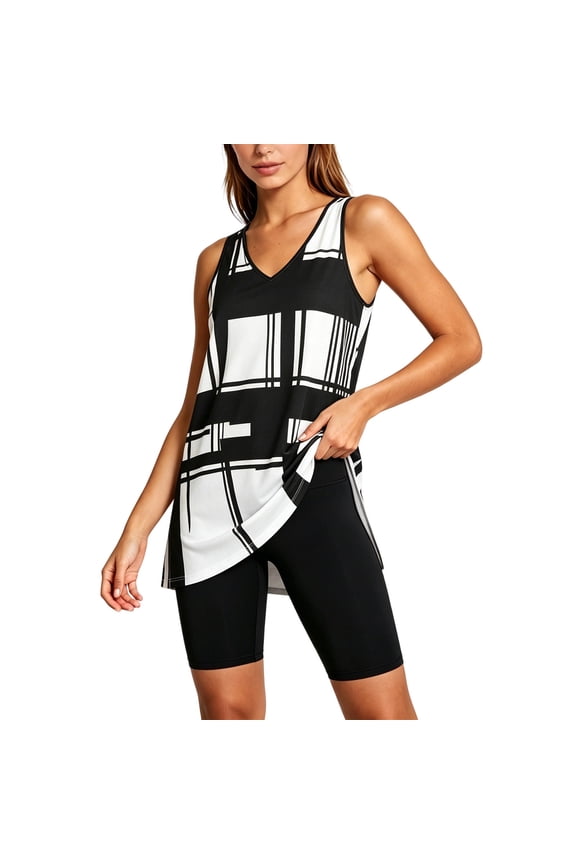 Women's Summer Athletic Clothes Set Casual V Neck Plaid Tank Tops & Biker Shorts Outfit Sport Gym Outfits Black XXL Fashion